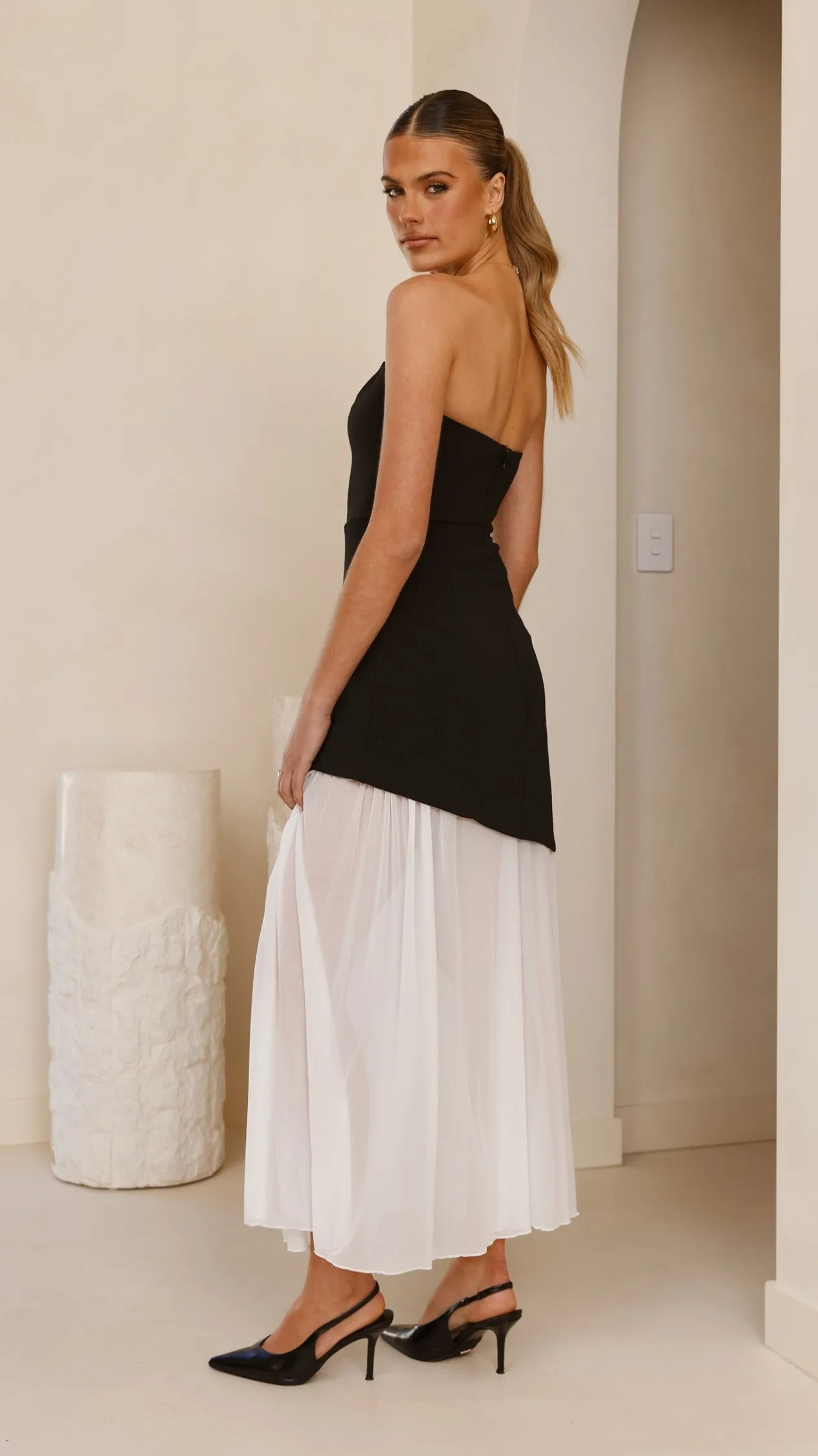 Fenella Asymmetrical Maxi Dress - Black / White Patch Work Designed to suit all body types this dress provides a flattering fit for every figure