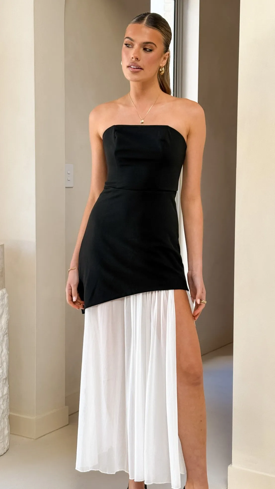 Fenella Asymmetrical Maxi Dress - Black / White Early Light