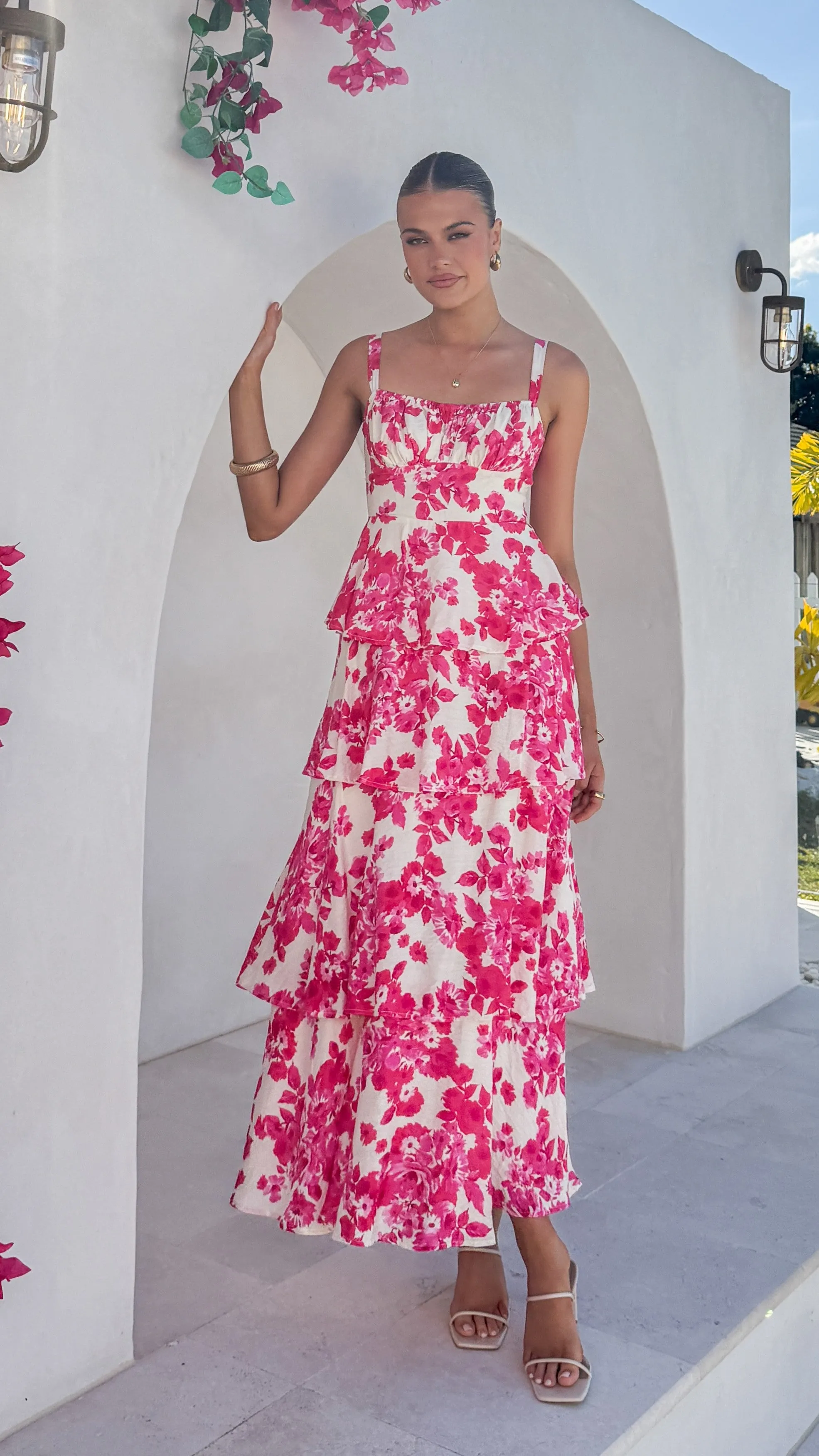 Fur Trim Odilia Maxi Dress - Pink/White Floral