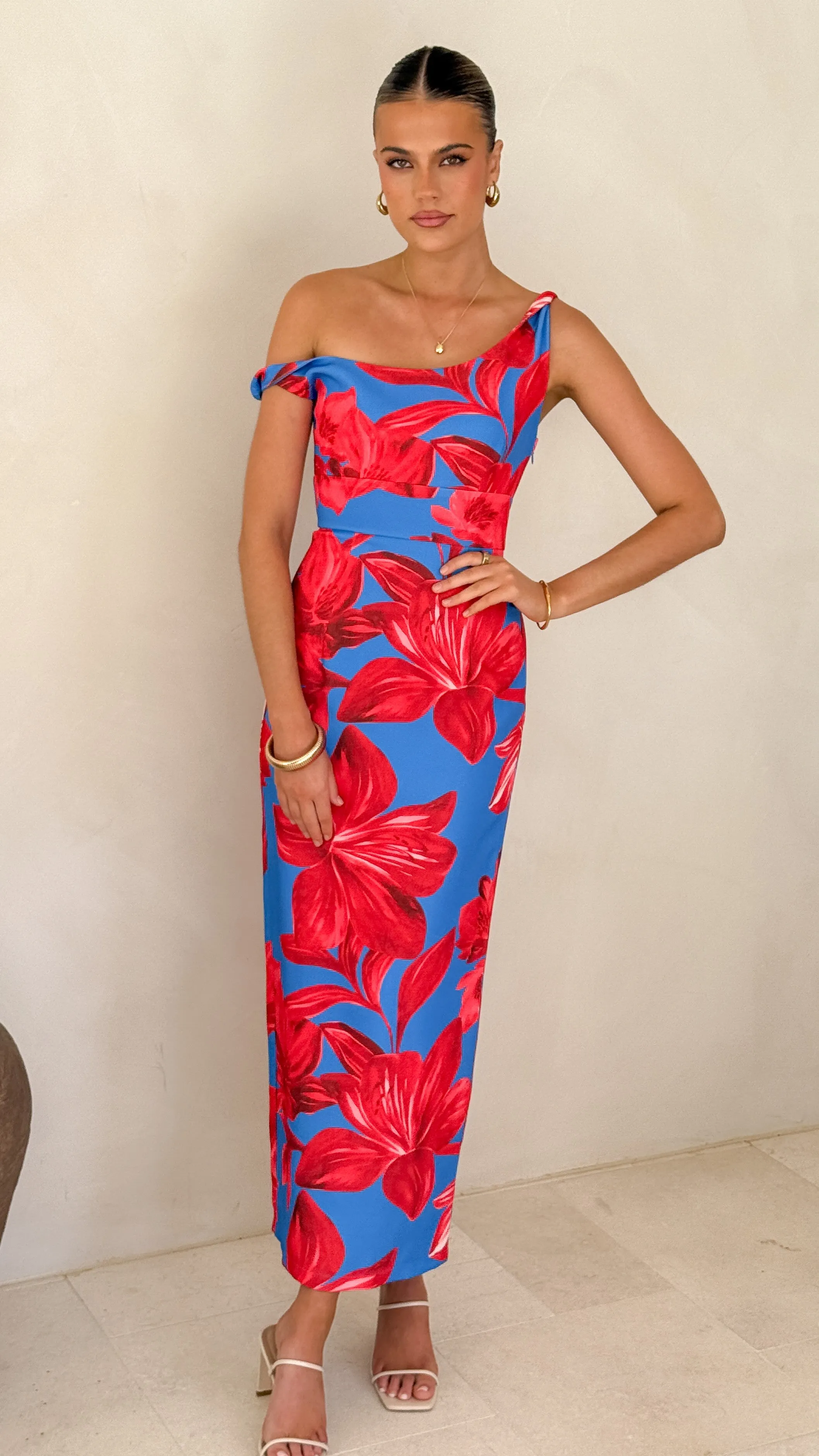 Lorina Maxi Dress - Red/Blue Floral Romantic evening dress Desert Glow