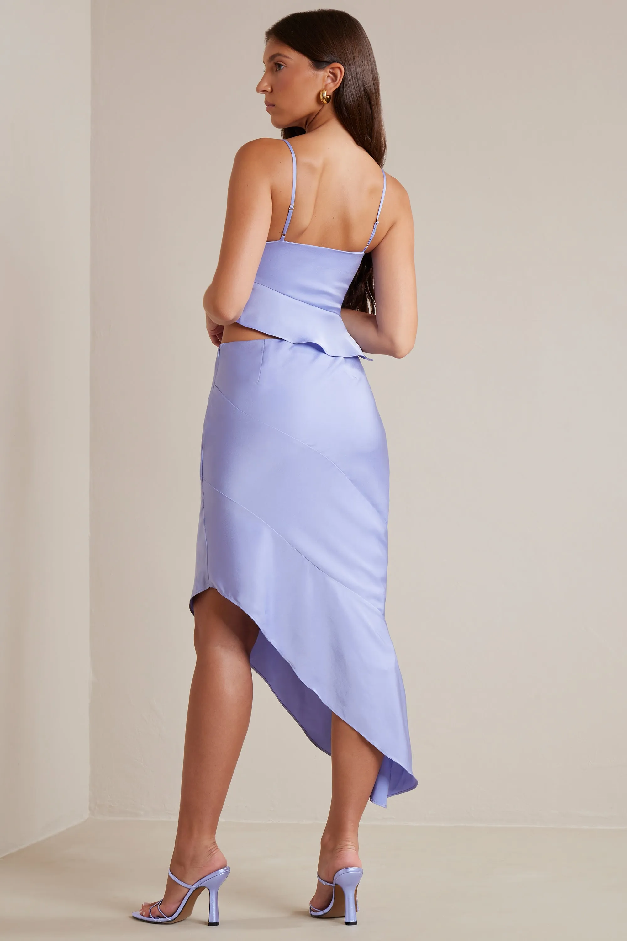 lace accents Sleek Comfort Bias Cut Satin Asymmetric Maxi Skirt in Periwinkle
