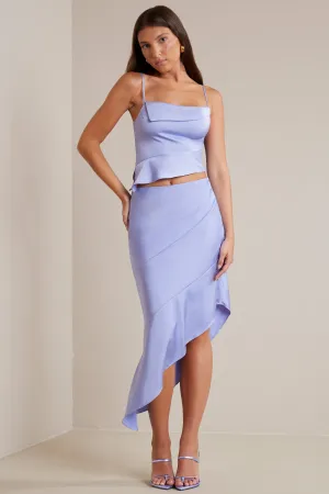 Non Restrictive Bias Cut Satin Asymmetric Maxi Skirt in Periwinkle
