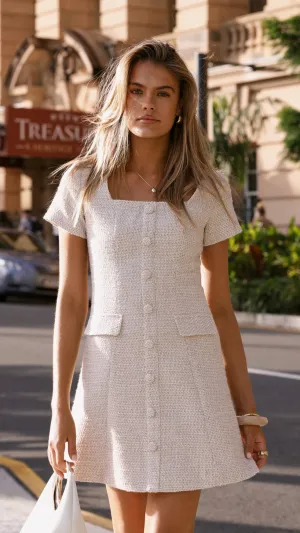 Keyhole Neckline Style Karen Tweed Mini Dress - White/Brown Marl