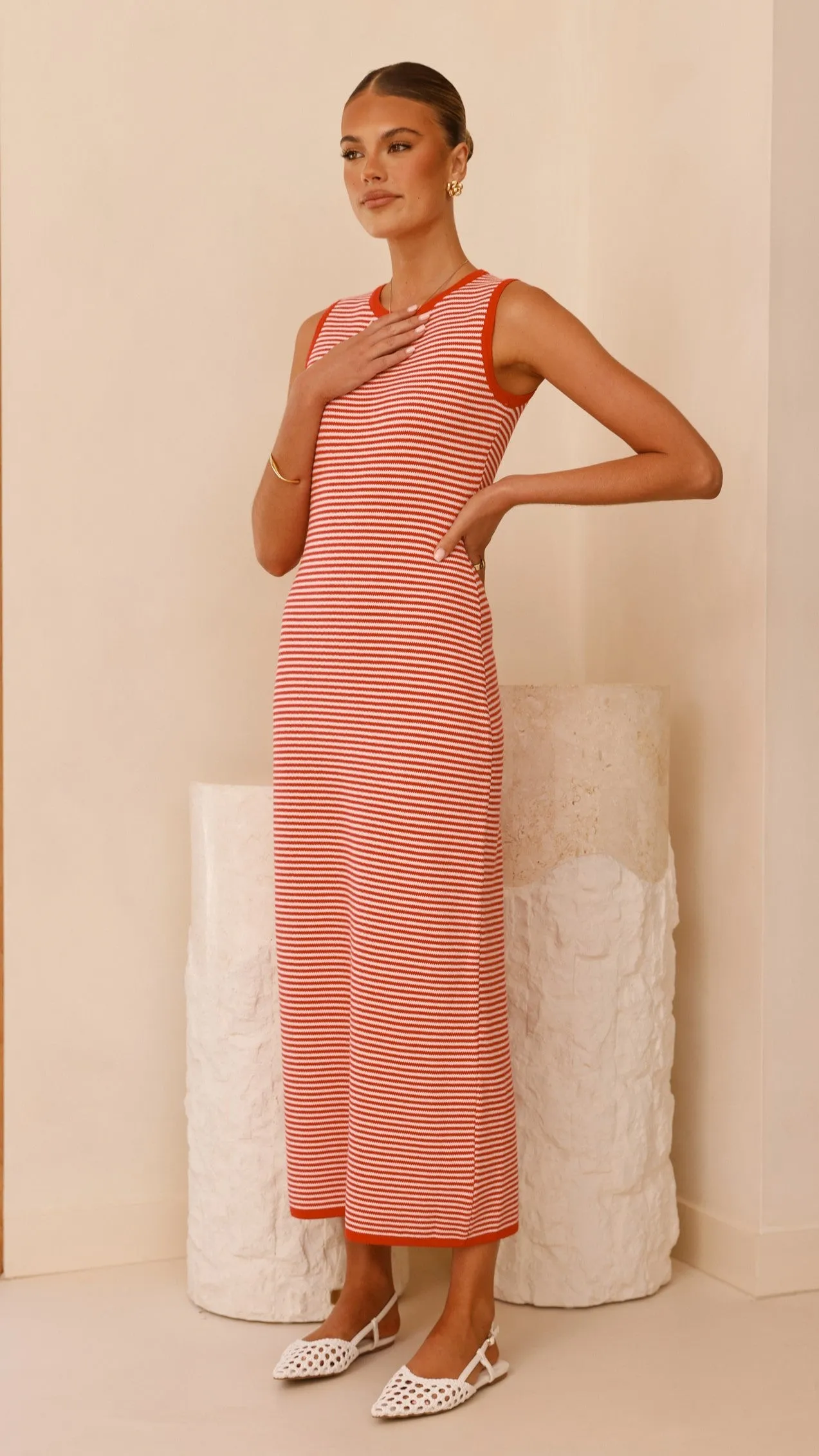 Leilah Maxi Dress - Red Stripe feminine grace Bold printed floor dress