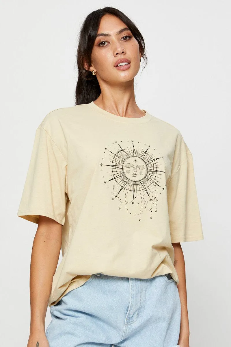 Beige Graphic T Shirt Short Sleeve Relaxed Sporty Fashion Ribbed Neckline