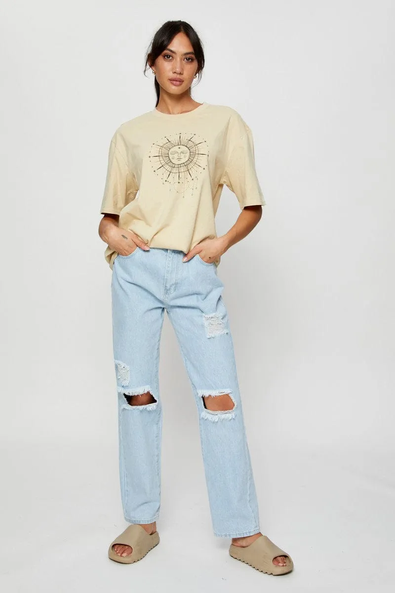 Beige Graphic T Shirt Short Sleeve Relaxed Heathered Fabric Breathable mesh