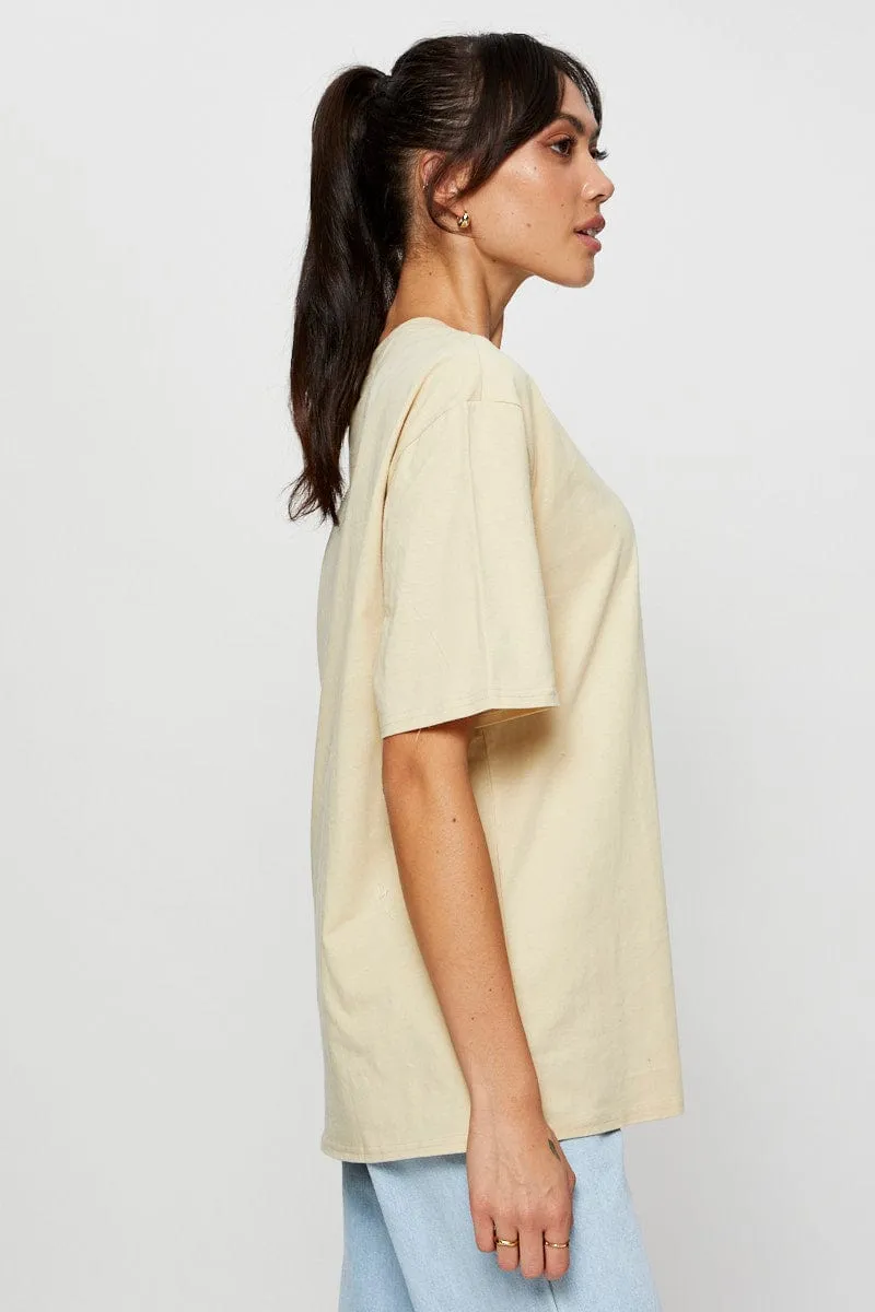 Beige Graphic T Shirt Short Sleeve Relaxed Functional Side Gussets Comfortable