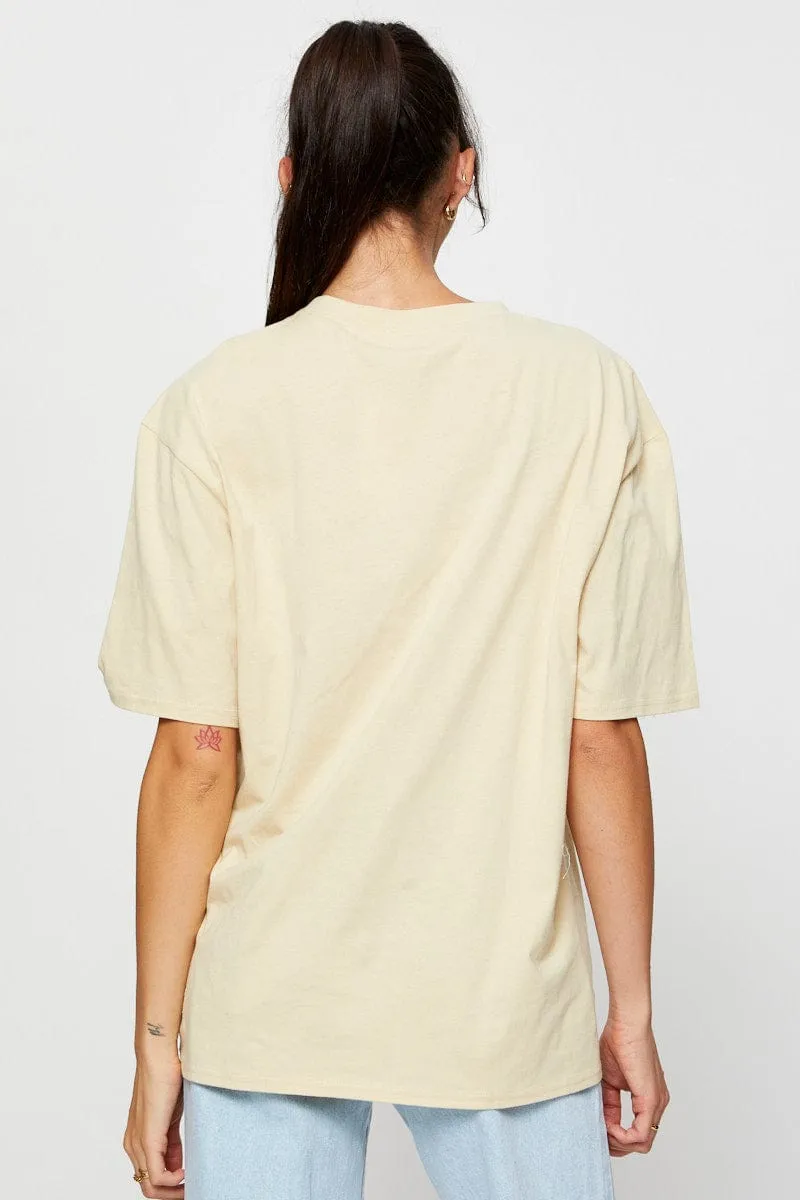 Beige Graphic T Shirt Short Sleeve Relaxed Trendy