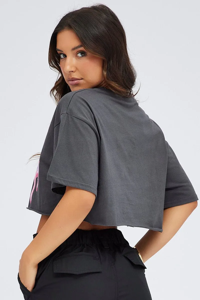 Grey Graphic Tee Crop Eagle California Slogan T-shirt Breathable touch Chilly Wear