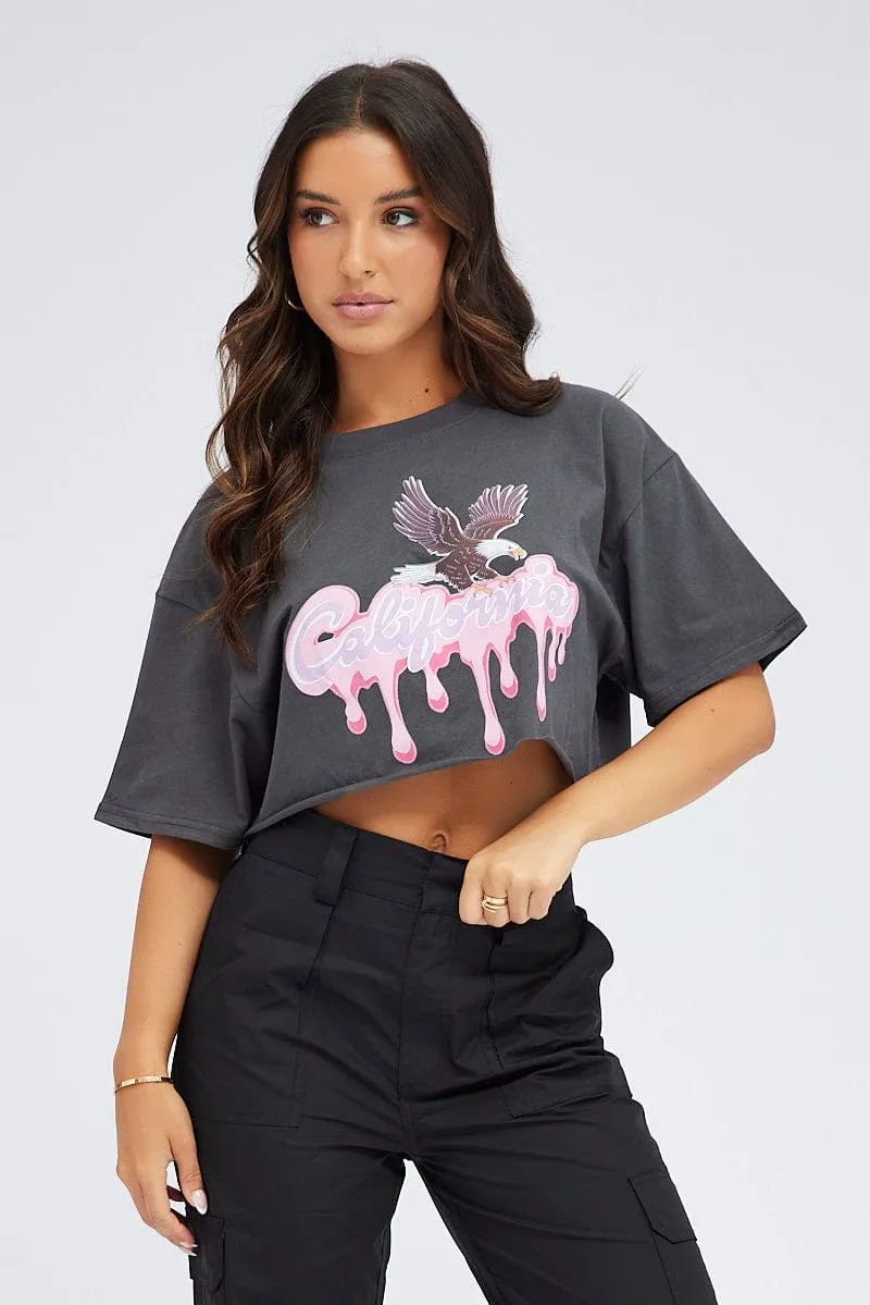 Grey Graphic Tee Crop Eagle California Slogan T-shirt Daily Outfit Style Comfortable fit