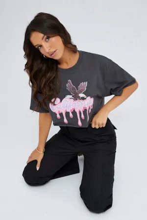 Grey Graphic Tee Crop Eagle California Slogan T-shirt Relaxed Outfit