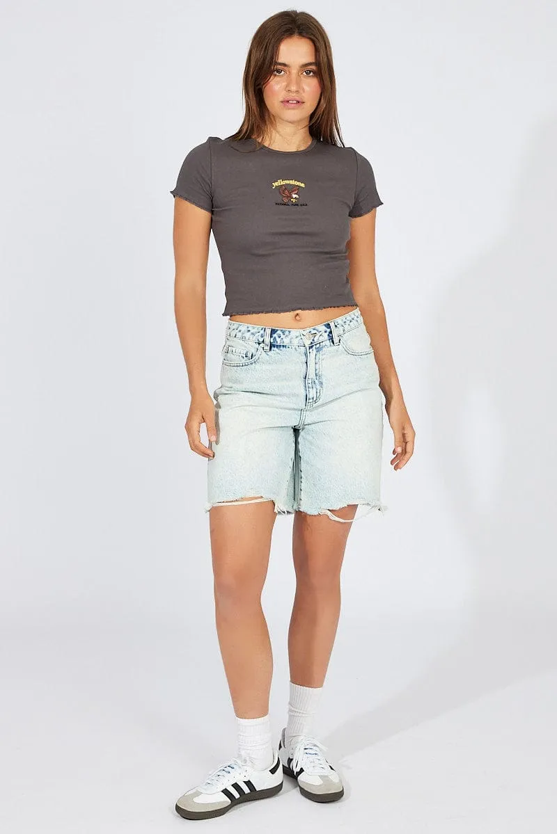 Grey Graphic Tee Short Sleeve Winter Fashion