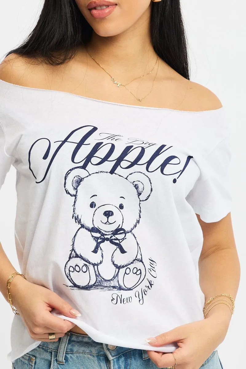 White Graphic Tee Off Shoulder Daily Outfit Style Slim Fit Cut