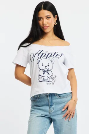 waterproof Light and Soft White Graphic Tee Off Shoulder