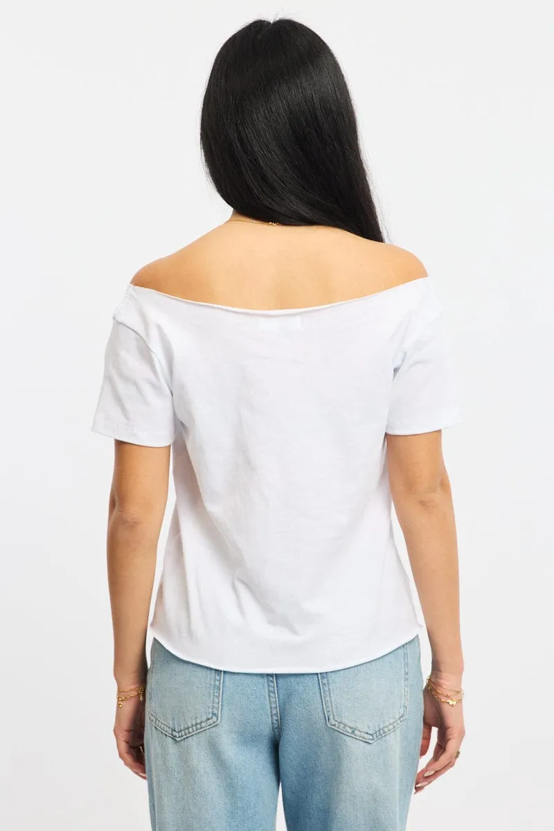 Floral Pattern White Graphic Tee Off Shoulder