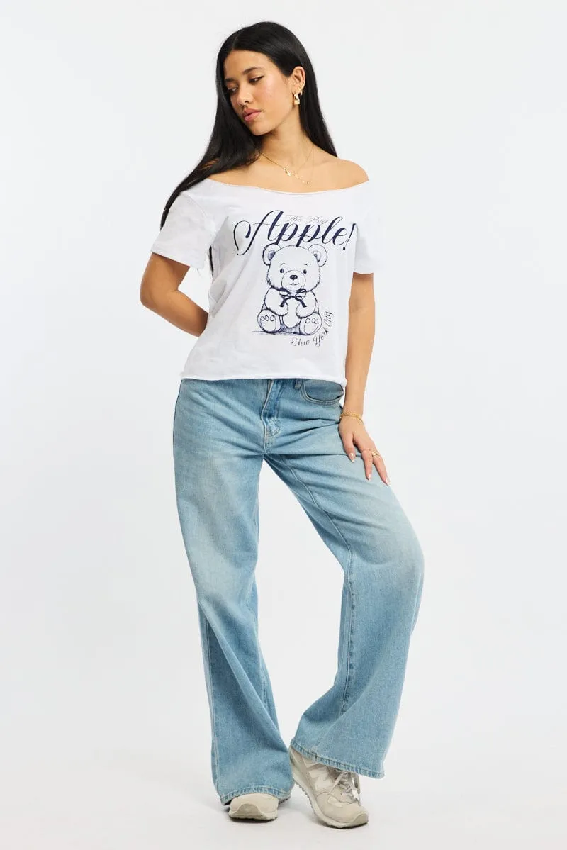 White Graphic Tee Off Shoulder BreathableFabric Streetwear Style