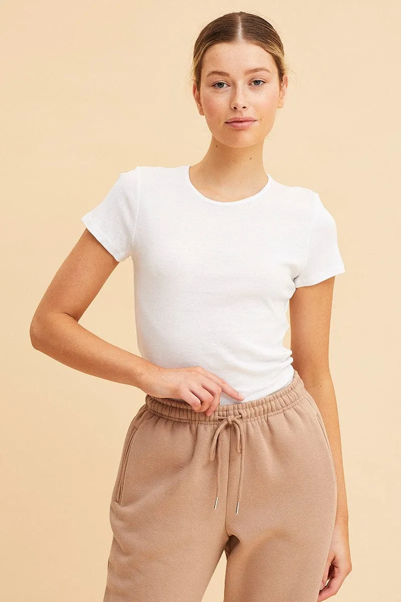 White Rib T-Shirt Crew Neck Short Sleeve AbrasionResistant Material Fashion Layer