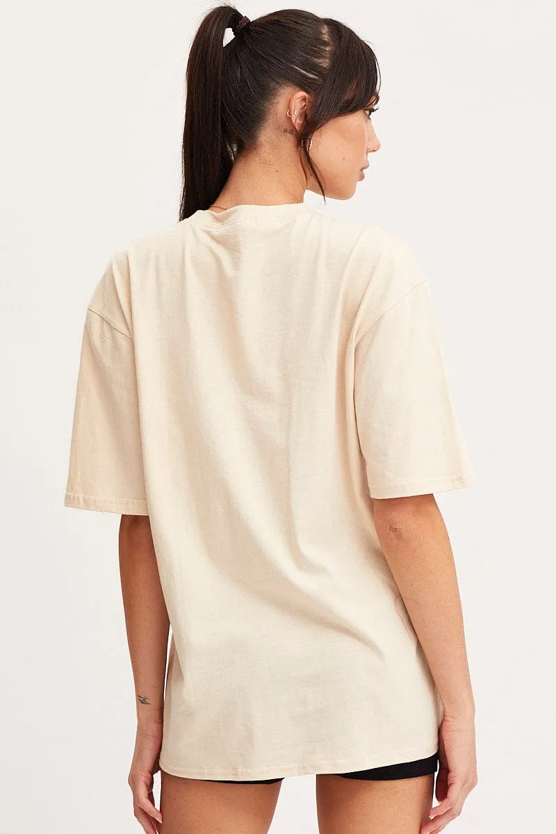 Easy Fit Wear Sleek Design Beige Graphic T-Shirt Short Sleeve Embroided