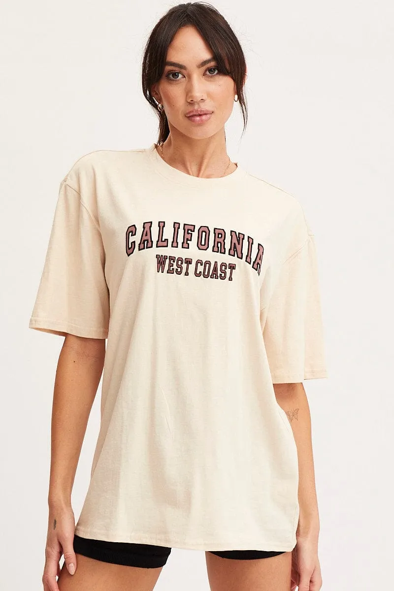 Beige Graphic T-Shirt Short Sleeve Embroided Running Speed