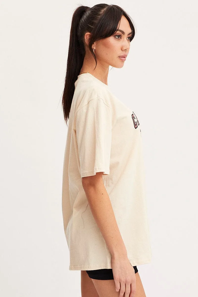 Beige Graphic T-Shirt Short Sleeve Embroided AllSeasonWear Cashmere combination