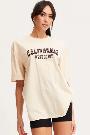 Versatile Design Minimal Fashion Beige Graphic T-Shirt Short Sleeve Embroided