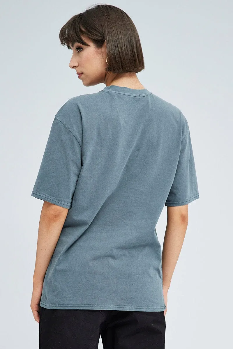 Grey Graphic Tee Short Sleeve Crew Neck Print Long sleeved warmth
