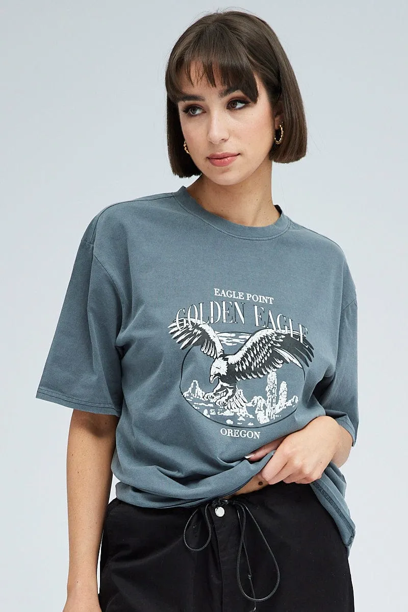 Grey Graphic Tee Short Sleeve Crew Neck Print Comfy Wardrobe Sublimation Printed Collar