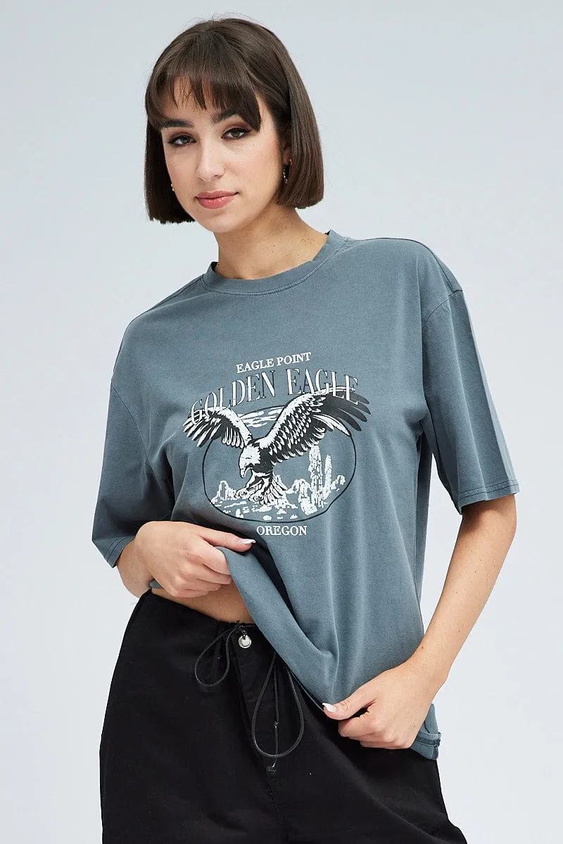 Grey Graphic Tee Short Sleeve Crew Neck Print Relaxed Comfort Easy Fit