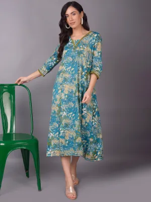 DoubleStitchedSeams Women Blue Floral Printed Dress