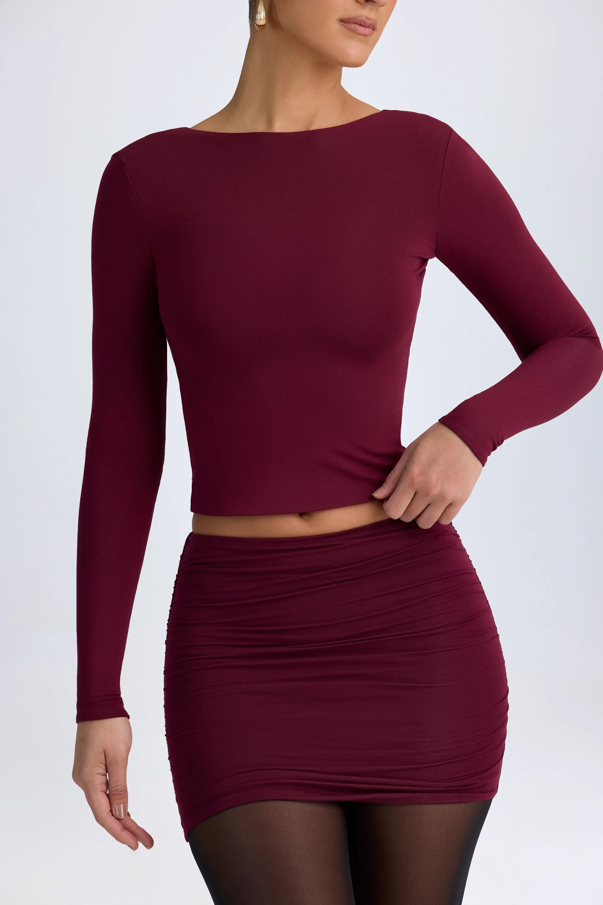 Modal Ruched Mid-Rise Mini Skirt in Wine Red Seamless Finish Mini length
