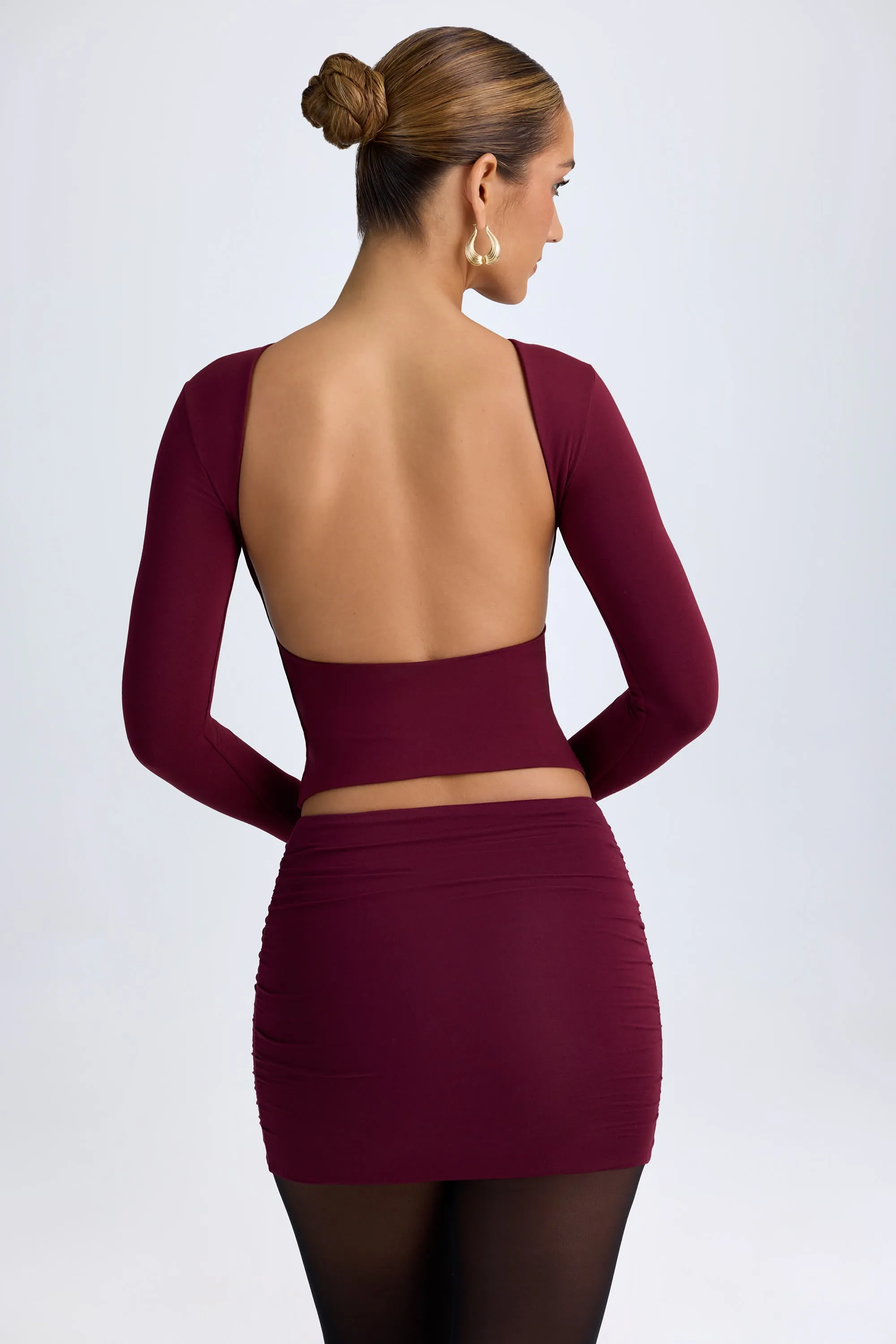 Modal Ruched Mid-Rise Mini Skirt in Wine Red Fast fashion