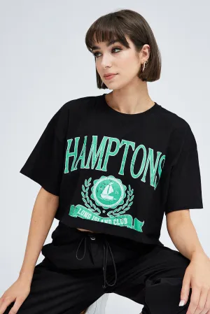 V neck Perfect Style Black Graphic Crop T Shirt Short Sleeve Crew Neck