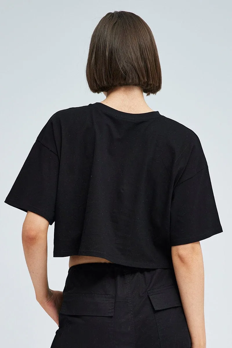 Black Graphic Crop T Shirt Short Sleeve Crew Neck Office Wear