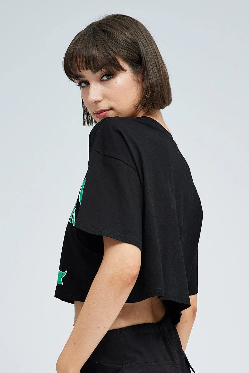 Black Graphic Crop T Shirt Short Sleeve Crew Neck Layering Must-Have