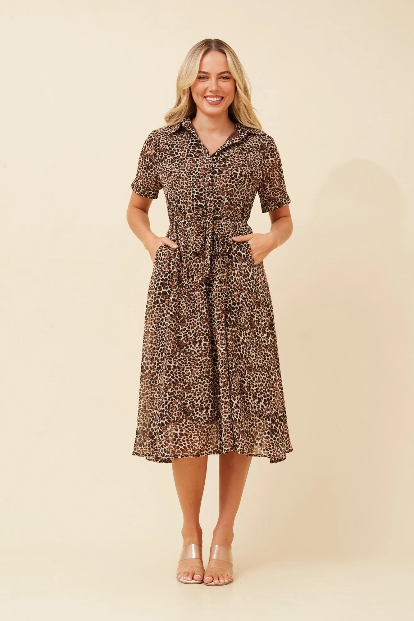 High-waisted midi dress Trendy versatile dress OTILLE ANIMAL PRINT SHIRT DRESS