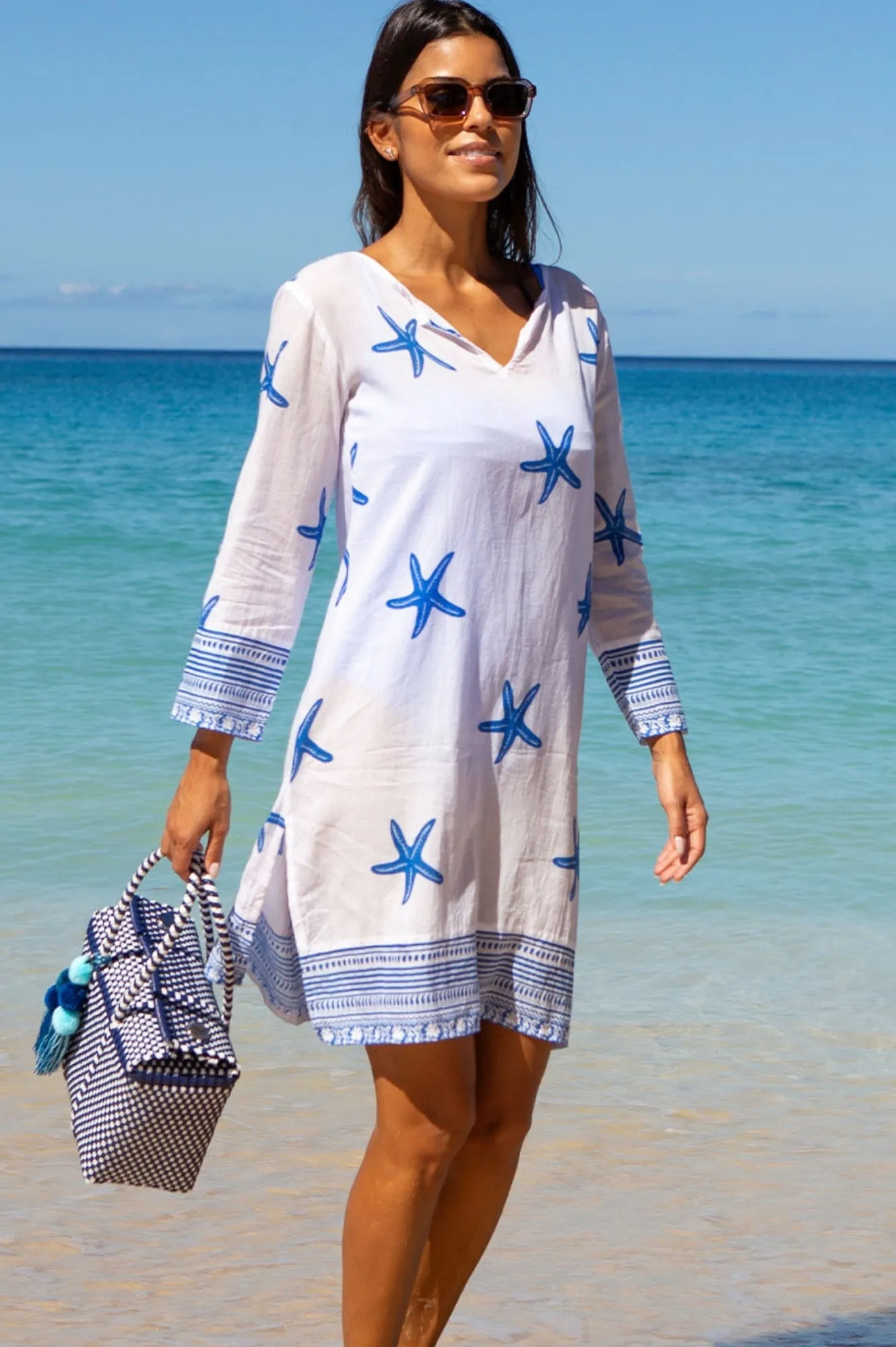 Guadalupe Short Organic Cotton Tunic | Starfish White/Cobalt Vibrant Colors Late Glam