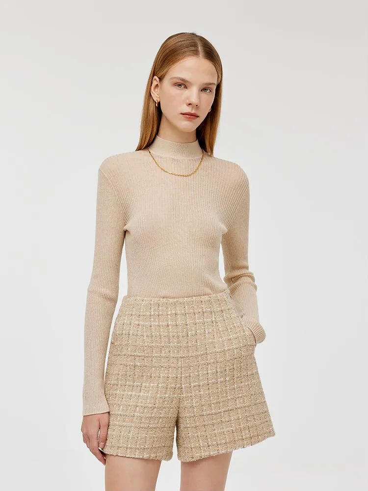 Sequins Sheath Mock Neck Women Sweater Breathable Wool Essential Knitwear