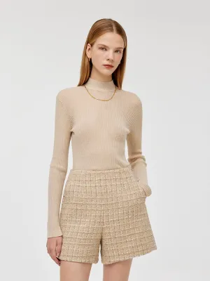 Sequins Sheath Mock Neck Women Sweater Breathable Wool Essential Knitwear