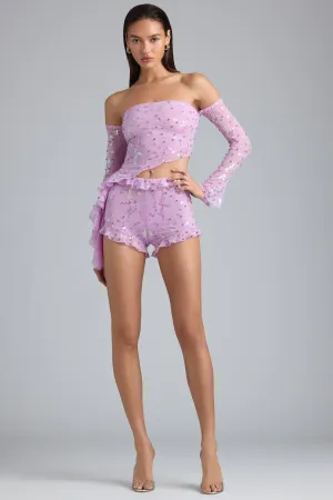 Ruffle Mid-Rise Hot Pant Shorts in Violet Pink men's option scarf