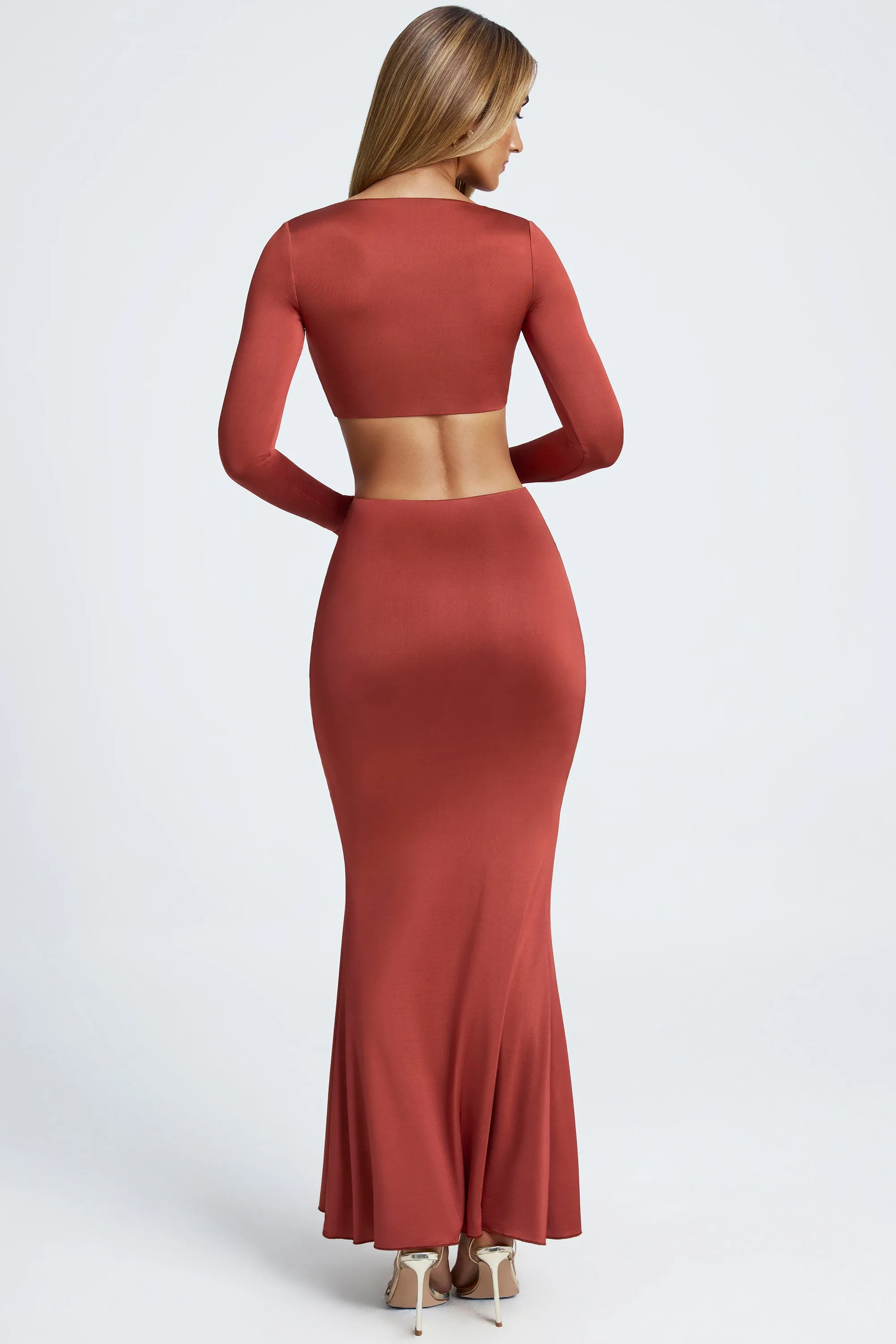 Breezy Look Hardware Detail Fishtail Maxi Skirt in Auburn Brown