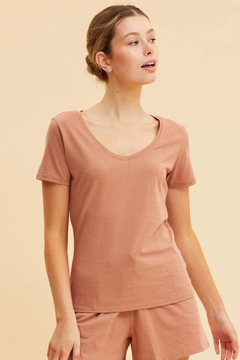 mesh ventilation Relaxed Style Orange V Neck T-Shirt Cotton Regular Fit Cotton