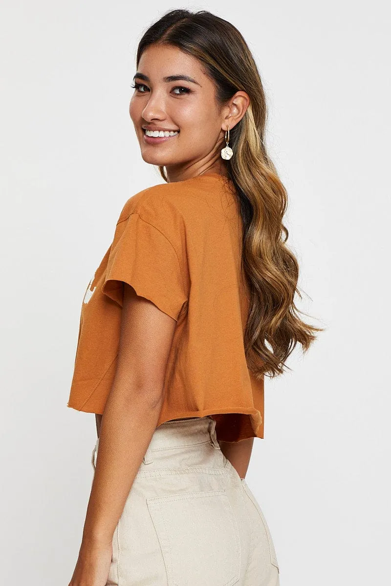 Brown Graphic T-Shirt Crop Travel Style