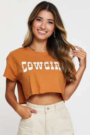 Non Fading Material ZeroDistressFinish Brown Graphic T-Shirt Crop