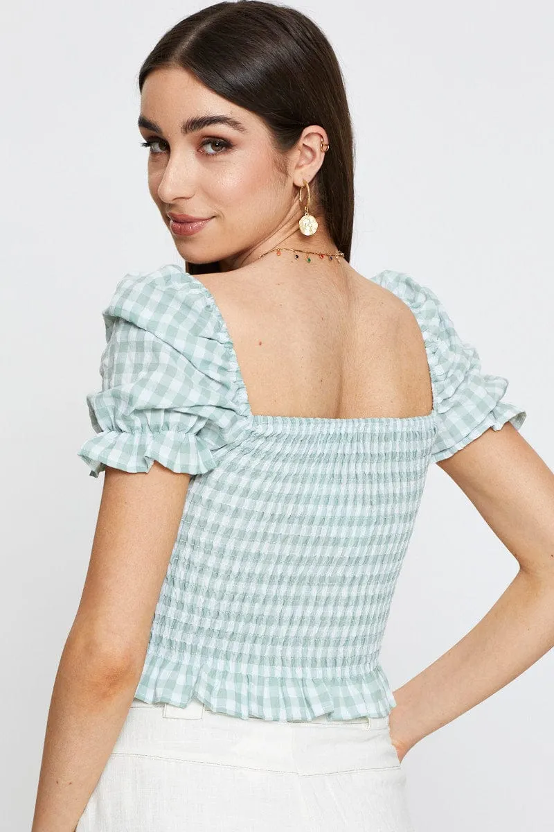 Check Crop T Shirt Short Sleeve Square Neck LowBulkFabric Warm Coat