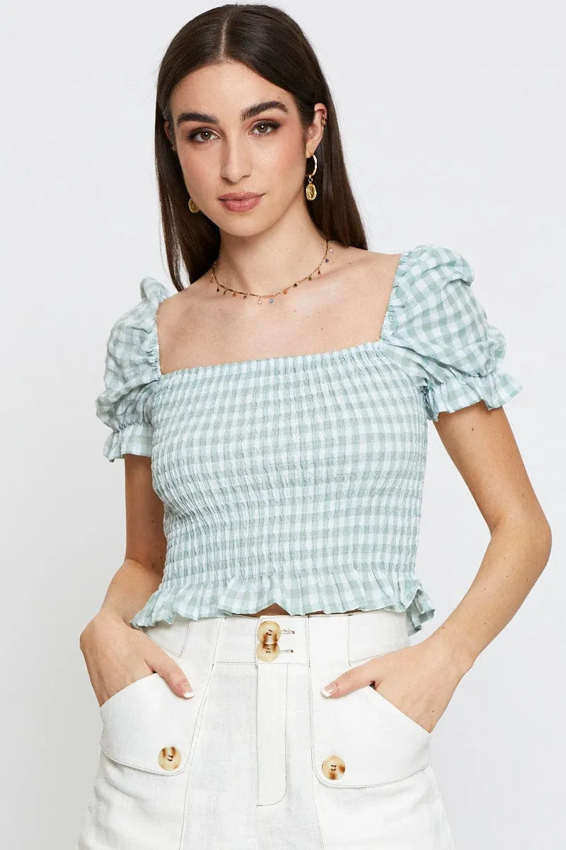 Casual Blouse Check Crop T Shirt Short Sleeve Square Neck