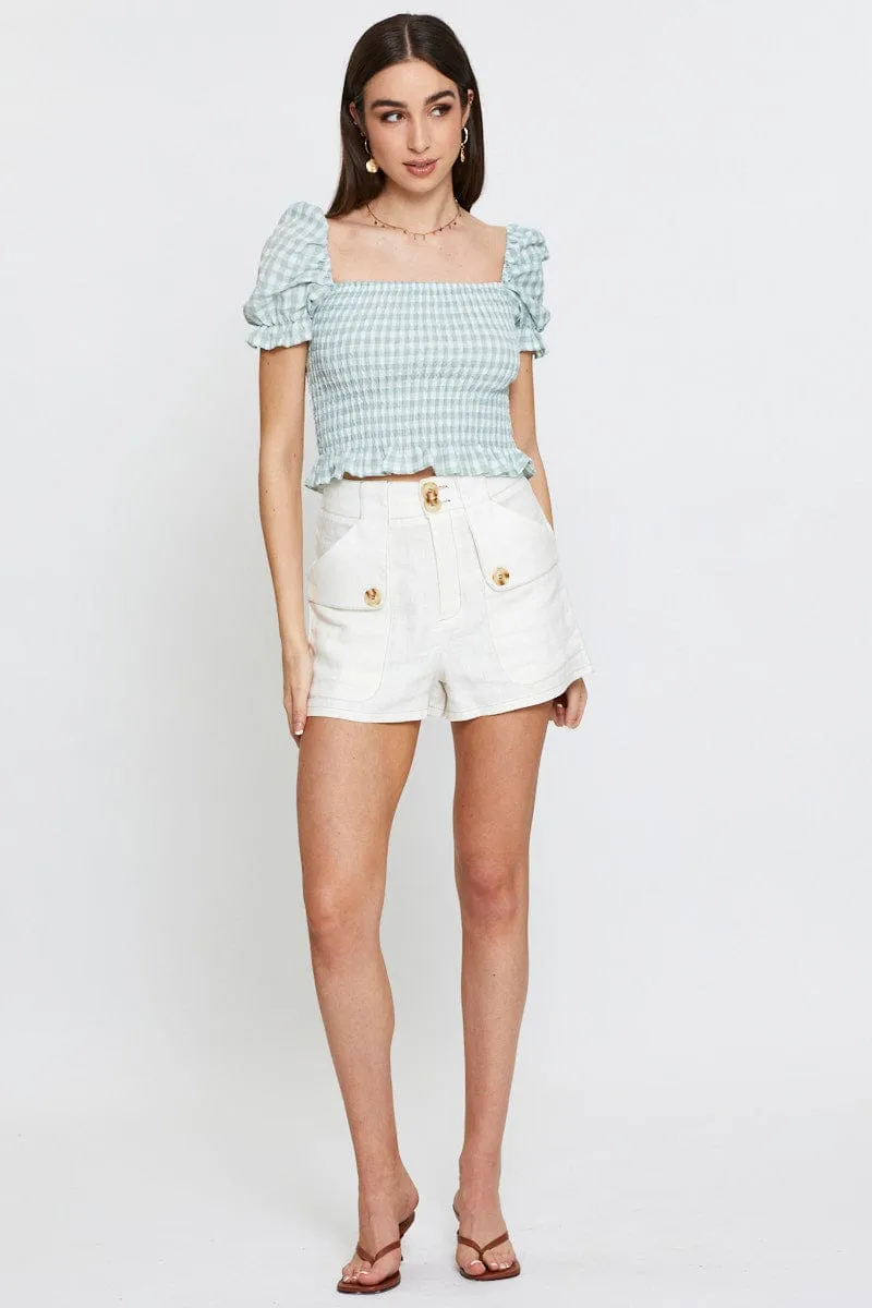 AntiPillingCloth Kind Soul Check Crop T Shirt Short Sleeve Square Neck