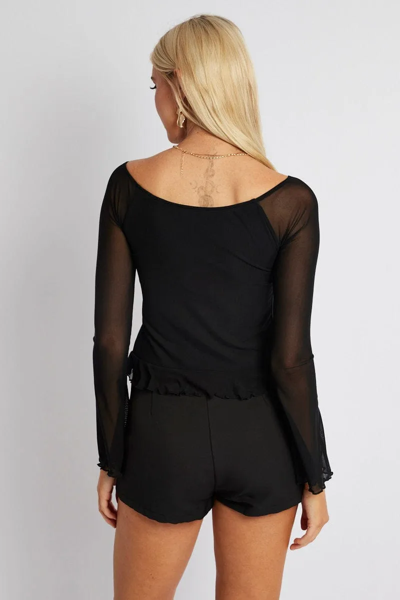 Black Off Shoulder Top Long Sleeve Wrinklefree
