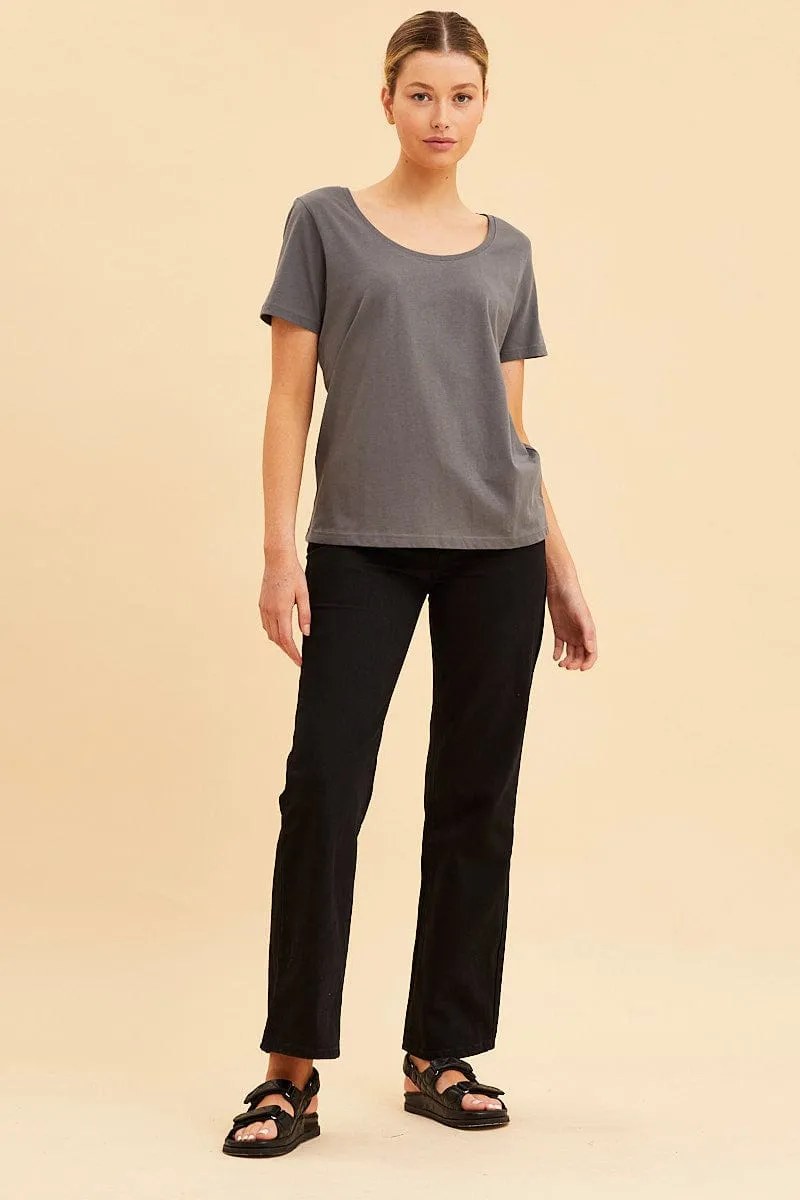 Grey Relaxed T-Shirt Scoop Neck Short Sleeve Downtown Cool Formal Wear