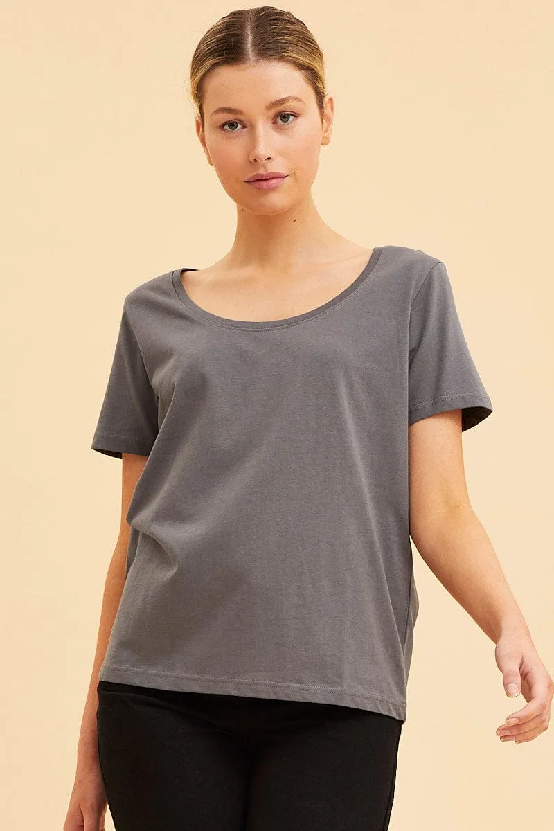 Timeless Look Grey Relaxed T-Shirt Scoop Neck Short Sleeve