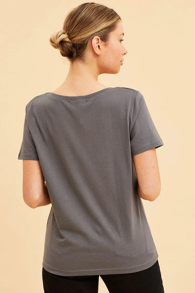 Diamond Soul Aerated Seam Placement Grey Relaxed T-Shirt Scoop Neck Short Sleeve